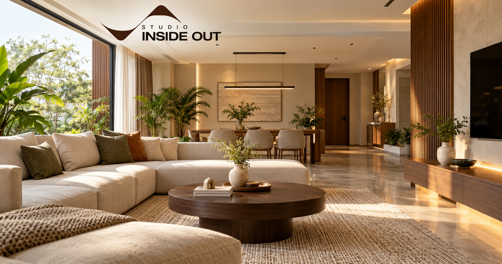 Modern residential interior design featuring a luxurious living room with neutral tones and natural lighting