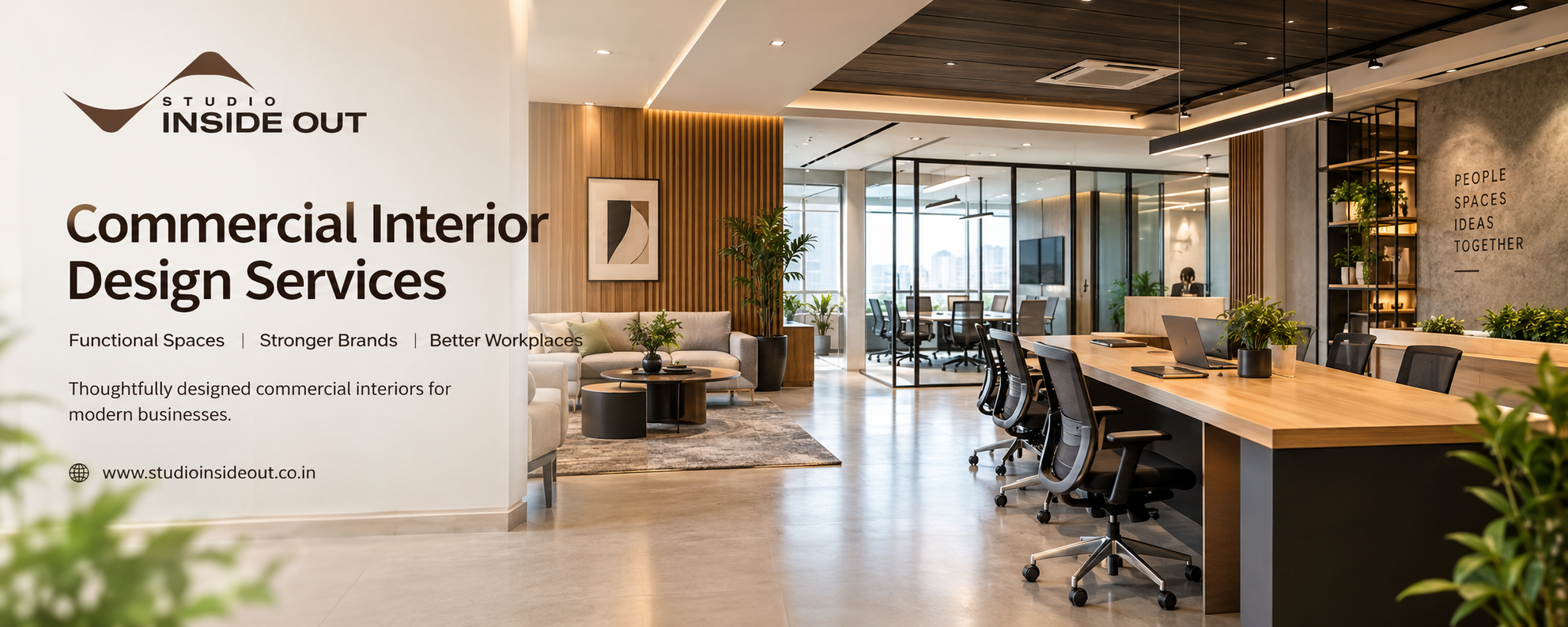 Commercial interior design services by Studio Inside Out Vadodara featuring a modern office with contemporary furniture, glass meeting rooms, and warm wooden finishes.